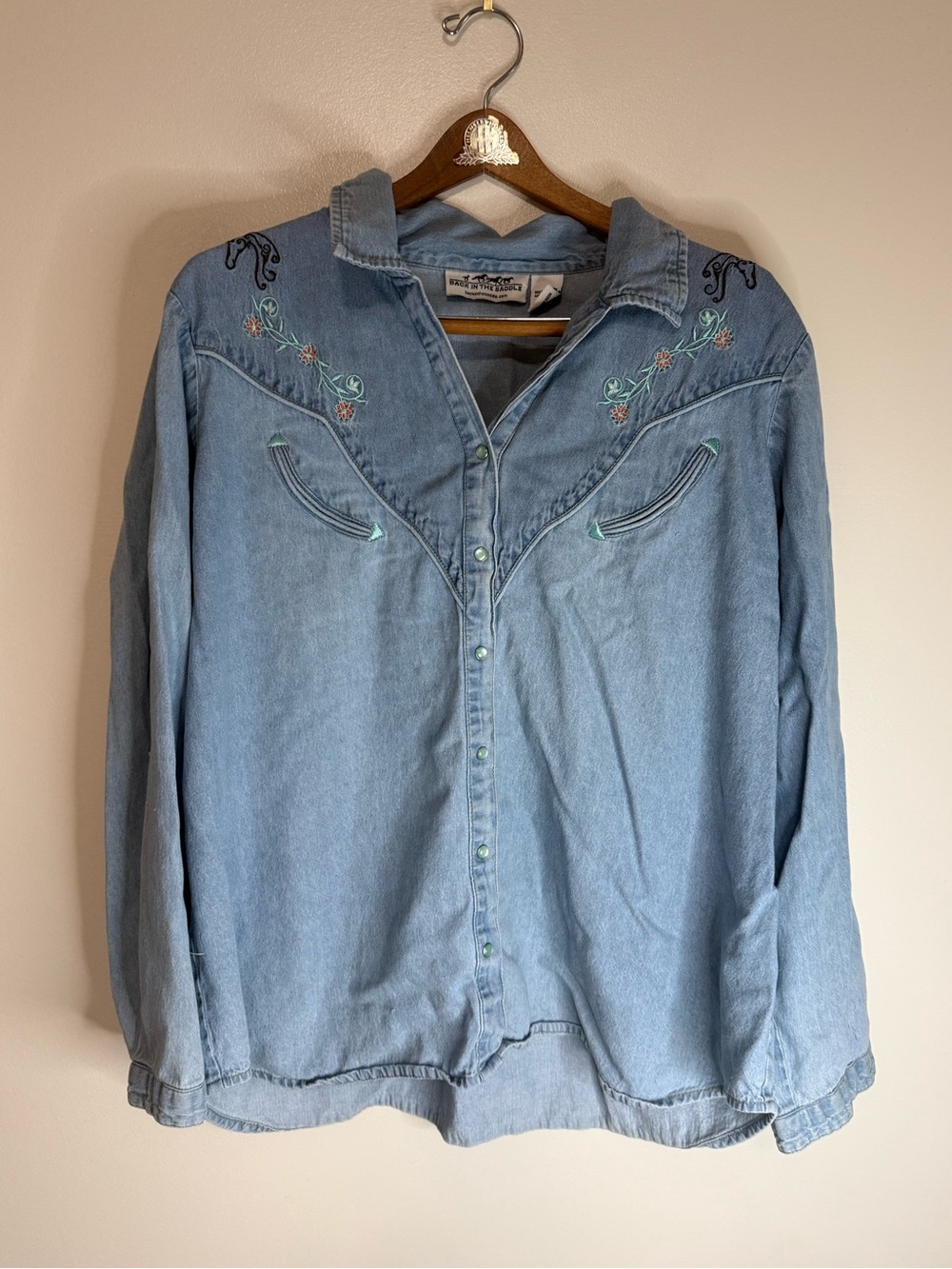 Back in the Saddle Vintage-Style Light Blue Embroidered Denim Shirt size 1X